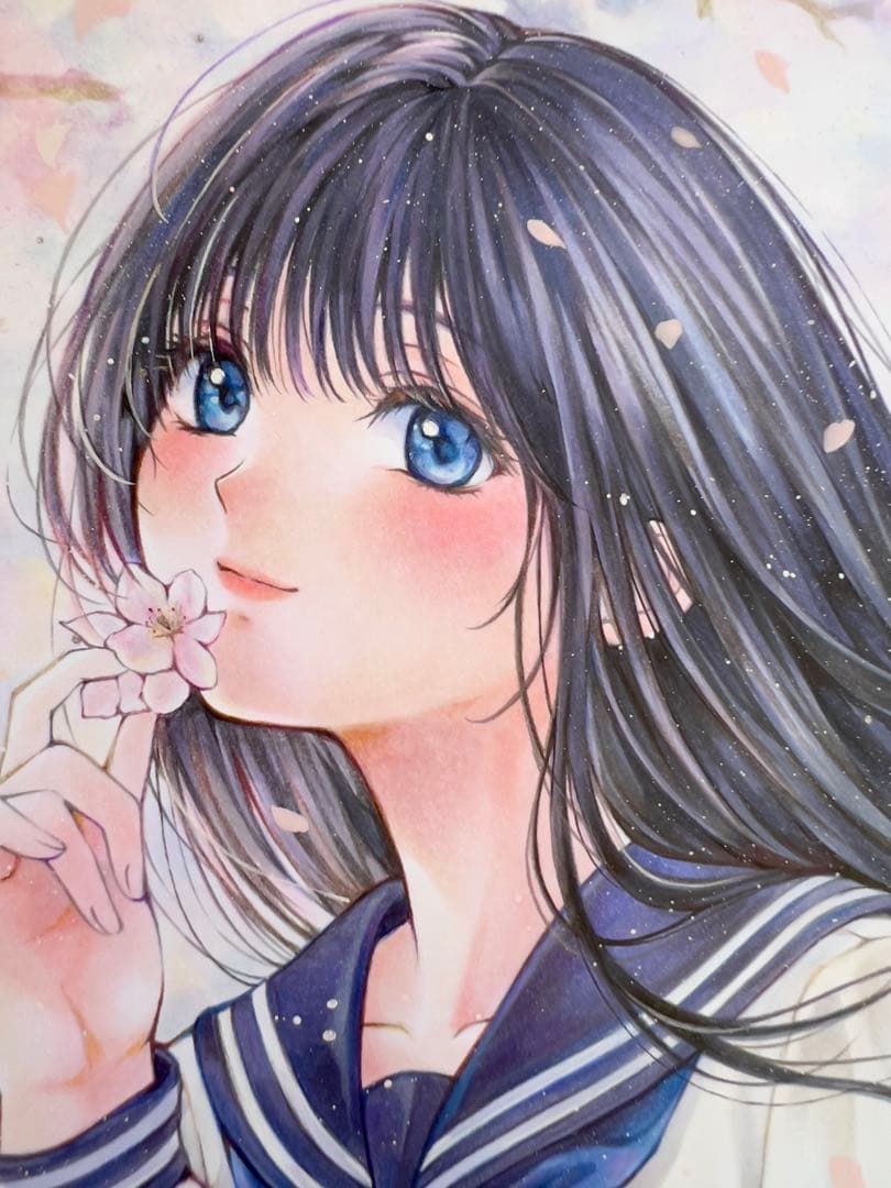 G*m様 手描きイラスト 原画＊桜舞う春の制服少女＊透明な時間＊色紙＊コピック