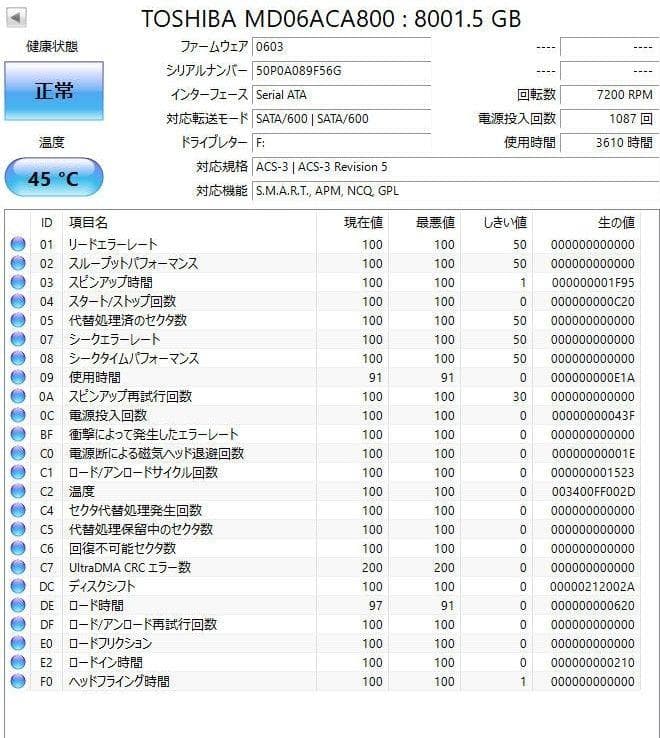 【動作確認済】東芝(TOSHIBA)　８TB HDD