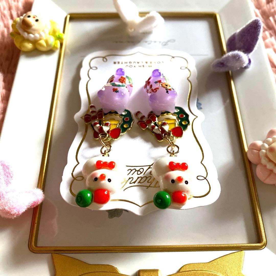☆雪だるまとリースが可愛いXmas猫ちゃんイヤリング☆