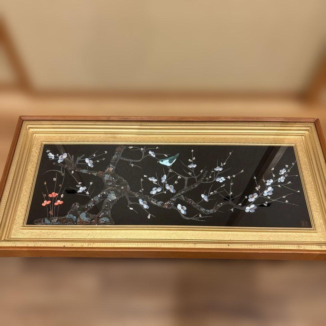 日本画 桜と鳥のアート作品 約93x42×5cm