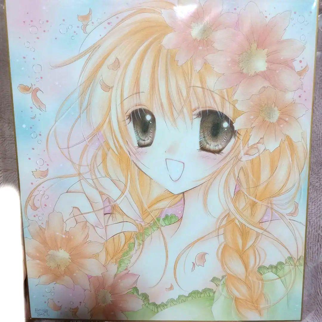 美少女　直筆イラスト色紙　直筆サイン入り　EMU先生　お花